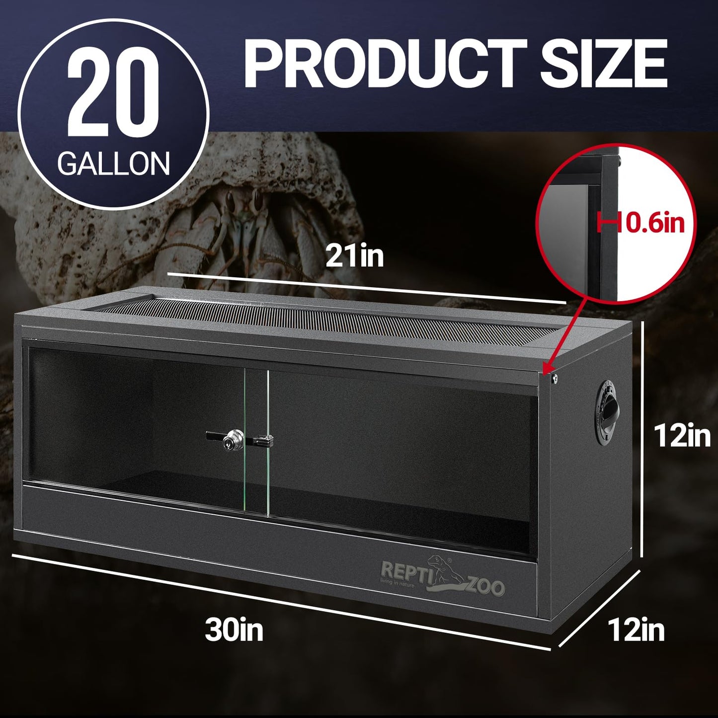 REPTI ZOO 20 Gallon PVC Reptile Tank, 30x12x12 inch Reptile Terrarium for Crested Gecko Frog Lizard Snake Turtle Hermit Crab, Leopard Gecko Enclosure with Sliding Door & Screen Ventilation