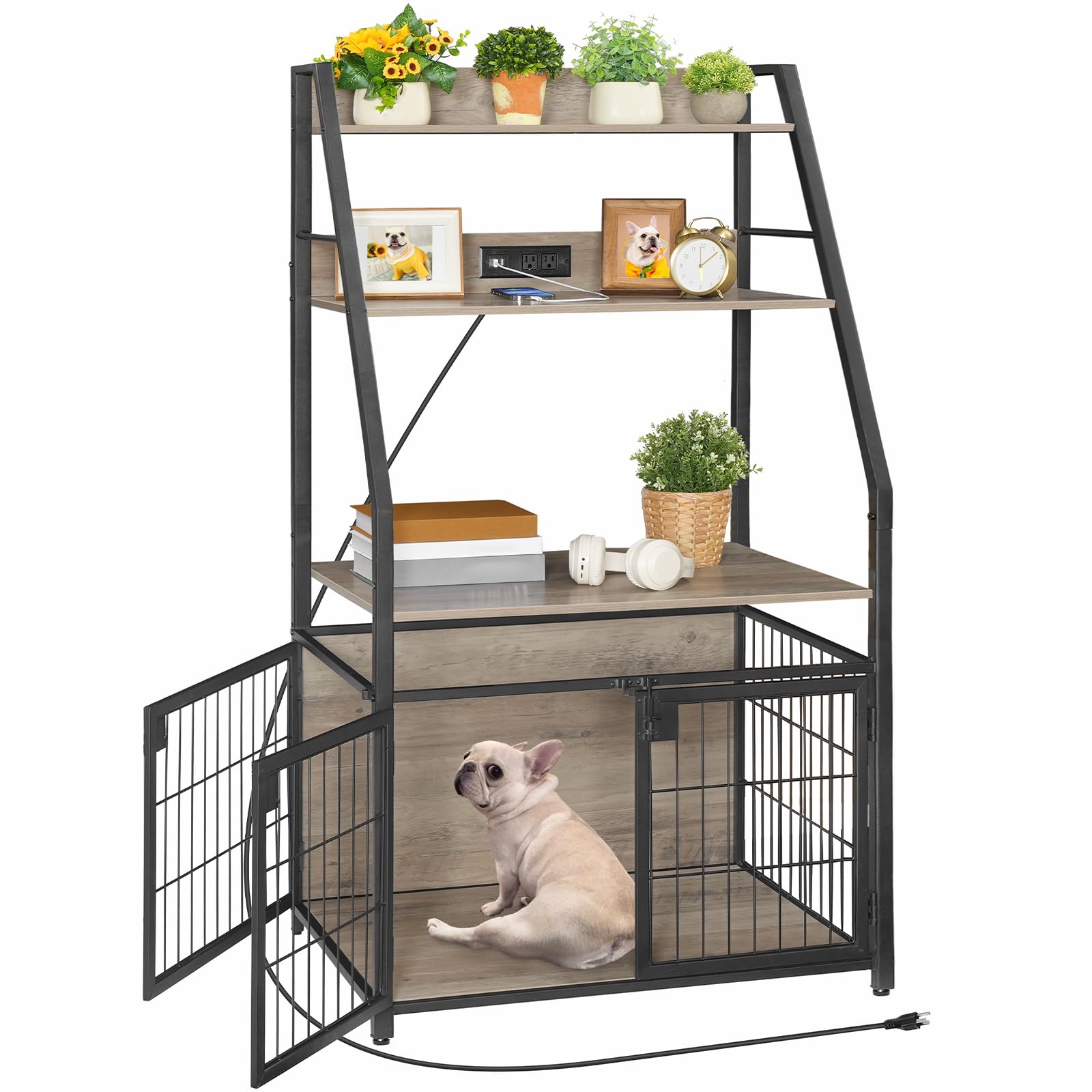 Dog Crate Furniture with Storage – 31.5" Heavy Duty, 3 Doors, Built-In Power Outlet for Convenience.