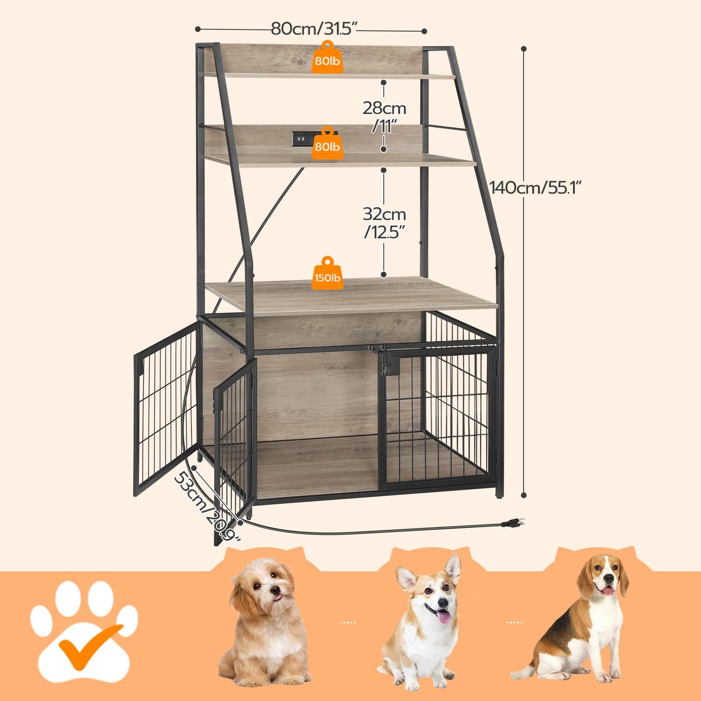 Dog Crate Furniture with Storage - 31.5" Heavy Duty, 3 Doors, Power Outlet