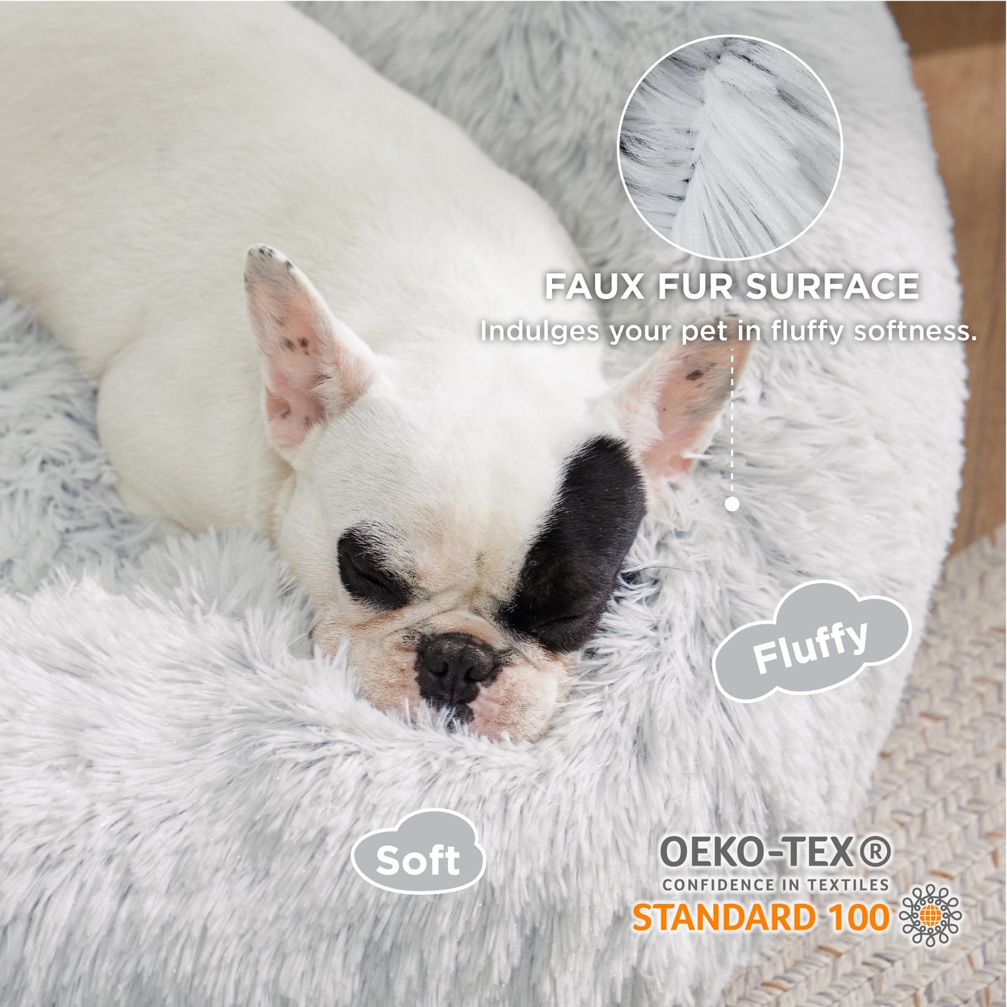 Calming 30" Donut Dog Bed – Washable, Anti-Slip, Fluffy Faux Fur, Fits Pets up to 45 lbs – Cozy Plush Comfort in Frost Grey!