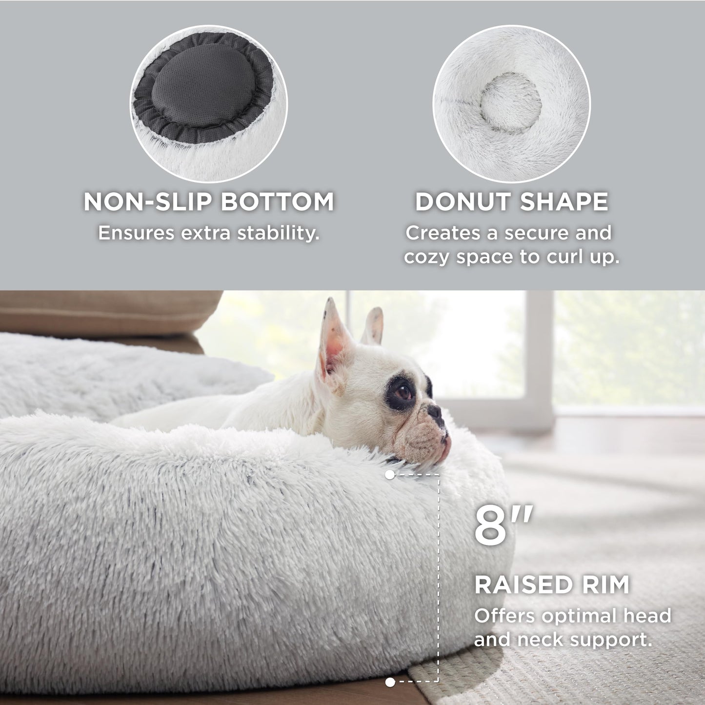Calming 30" Donut Dog Bed – Washable, Anti-Slip, Fluffy Faux Fur, Fits Pets up to 45 lbs – Cozy Plush Comfort in Frost Grey!