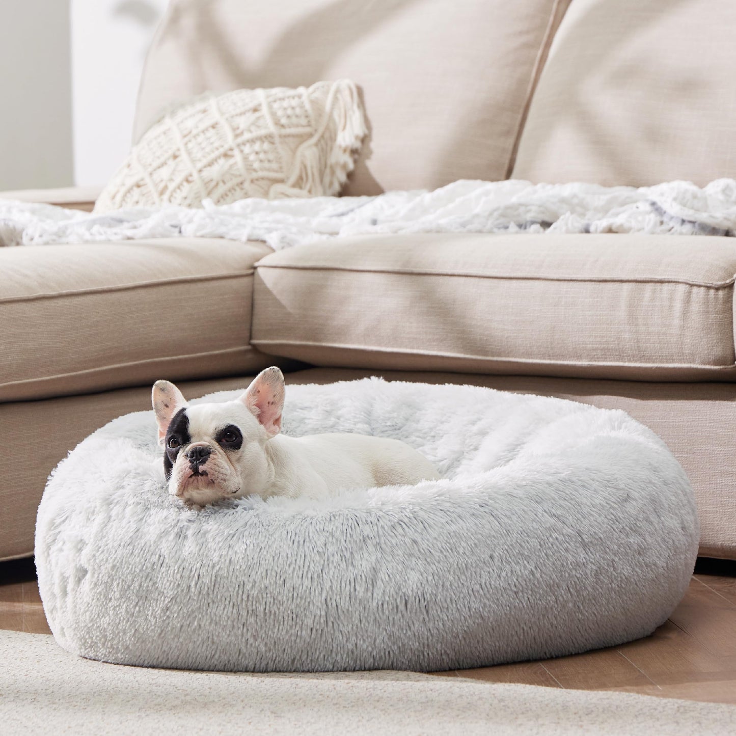 Calming 30" Donut Dog Bed – Washable, Anti-Slip, Fluffy Faux Fur, Fits Pets up to 45 lbs – Cozy Plush Comfort in Frost Grey!