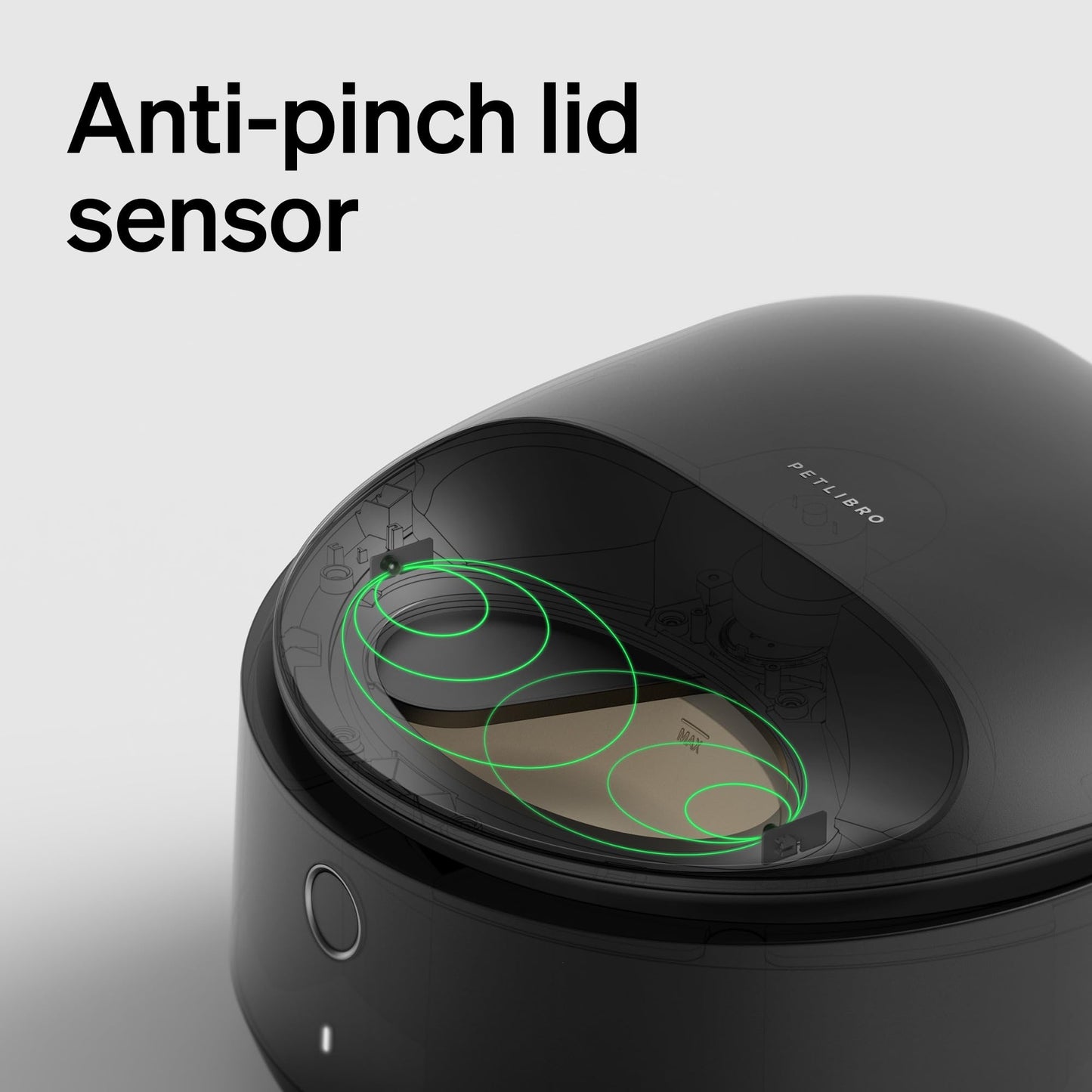 Close-up of anti-pinch lid safety sensor on Polar cat feeder