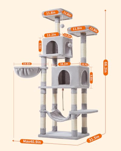 66.2" Multi-Level Cat Tree – Plush Tower with 12 Scratching Posts, 2 Perches, 2 Caves, Hammock & 2 Pompoms – Cozy Indoor Cat Condo in Light Gray! 🐾
