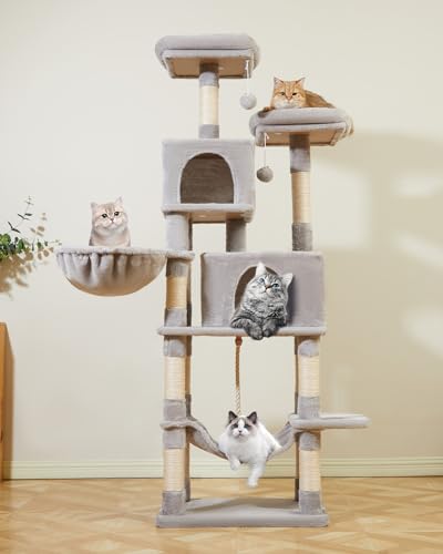 66.2" Multi-Level Cat Tree – Plush Tower with 12 Scratching Posts, 2 Perches, 2 Caves, Hammock & 2 Pompoms – Cozy Indoor Cat Condo in Light Gray! 🐾