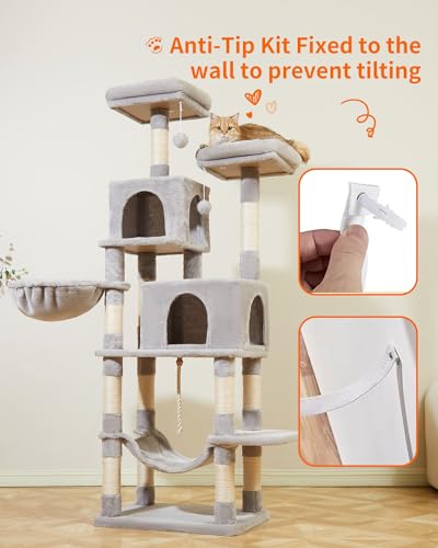 66.2" Multi-Level Cat Tree – Plush Tower with 12 Scratching Posts, 2 Perches, 2 Caves, Hammock & 2 Pompoms – Cozy Indoor Cat Condo in Light Gray! 🐾