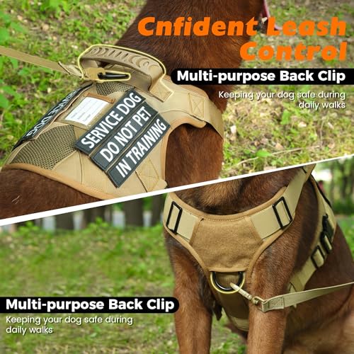 Tactical Dog Harness with Handle, No Pull Adjustable Military Heavy Duty Dog Harness, Chew Proof Dog Harness with All-Metal Buckle with 6 PCS Patch and Carry Pouch (Large, Coyote Brown)