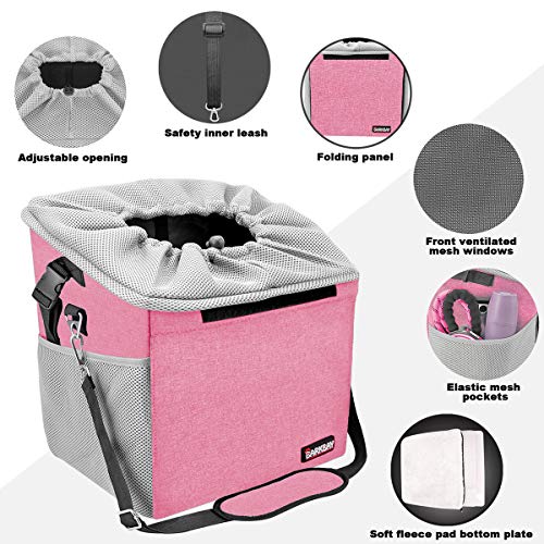 Pet Carrier Bicycle Basket Bag Pet Carrier/Booster Backpack for Dogs and Cats with Big Side Pockets,Comfy & Padded Shoulder Strap,Travel with Your Pet Safety(Pink)