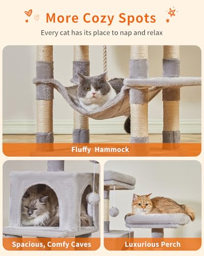 66.2" Multi-Level Cat Tree – Plush Tower with 12 Scratching Posts, 2 Perches, 2 Caves, Hammock & 2 Pompoms – Cozy Indoor Cat Condo in Light Gray! 🐾