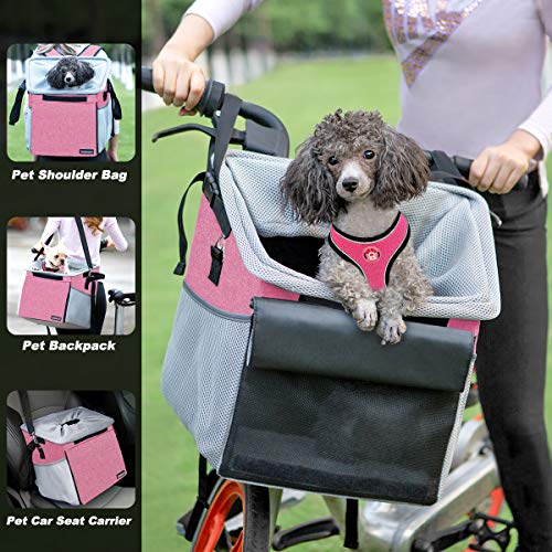 Pet Carrier Bicycle Basket Bag Pet Carrier/Booster Backpack for Dogs and Cats with Big Side Pockets,Comfy & Padded Shoulder Strap,Travel with Your Pet Safety(Pink)