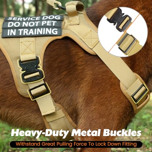 Tactical Dog Harness with Handle, No Pull Adjustable Military Heavy Duty Dog Harness, Chew Proof Dog Harness with All-Metal Buckle with 6 PCS Patch and Carry Pouch (Large, Coyote Brown)