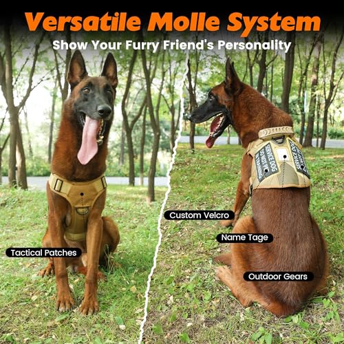 Tactical Dog Harness with Handle, No Pull Adjustable Military Heavy Duty Dog Harness, Chew Proof Dog Harness with All-Metal Buckle with 6 PCS Patch and Carry Pouch (Large, Coyote Brown)