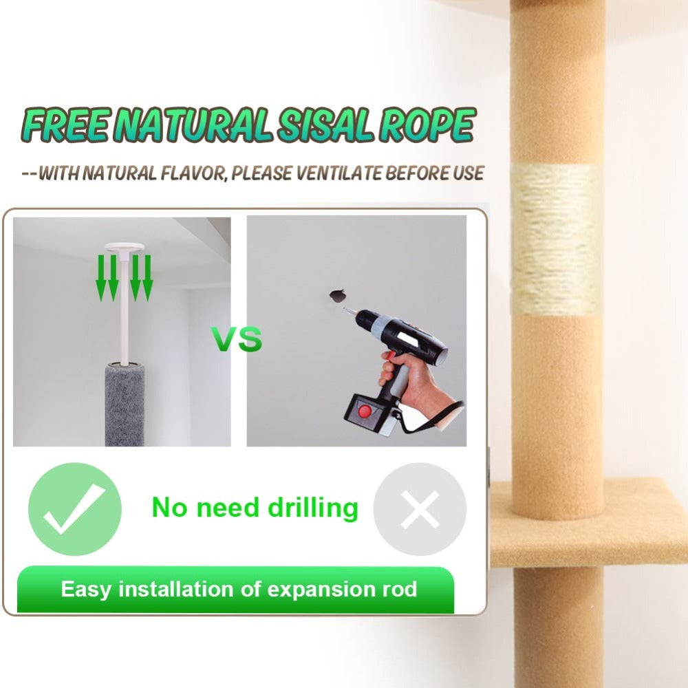 Modern Cat Climbing Tree Four Tier Floor-to-Ceiling Tower 94.5-102.4 in with a Scratcher Beige