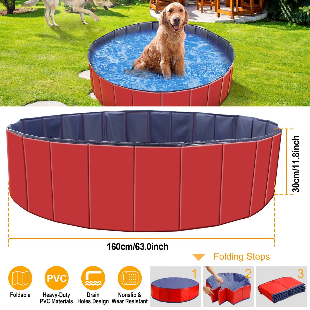 1Pc 160 X 160 X 30Cm-63.0 X 63.0 X 11.8Inch Foldable Pet Swimming Pool PVC Dog Swim Pool Bathing Tub Playmat Pools