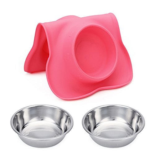2 X Stainless Steel Dog Bowl with No Spill Non-Skid Silicone Mat + Pet Food Scoop Water and Food Feeder Bowls for Feeding Small Medium Large Dogs Cats Puppies (S, Pink)