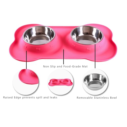 2 X Stainless Steel Dog Bowl with No Spill Non-Skid Silicone Mat + Pet Food Scoop Water and Food Feeder Bowls for Feeding Small Medium Large Dogs Cats Puppies (S, Pink)