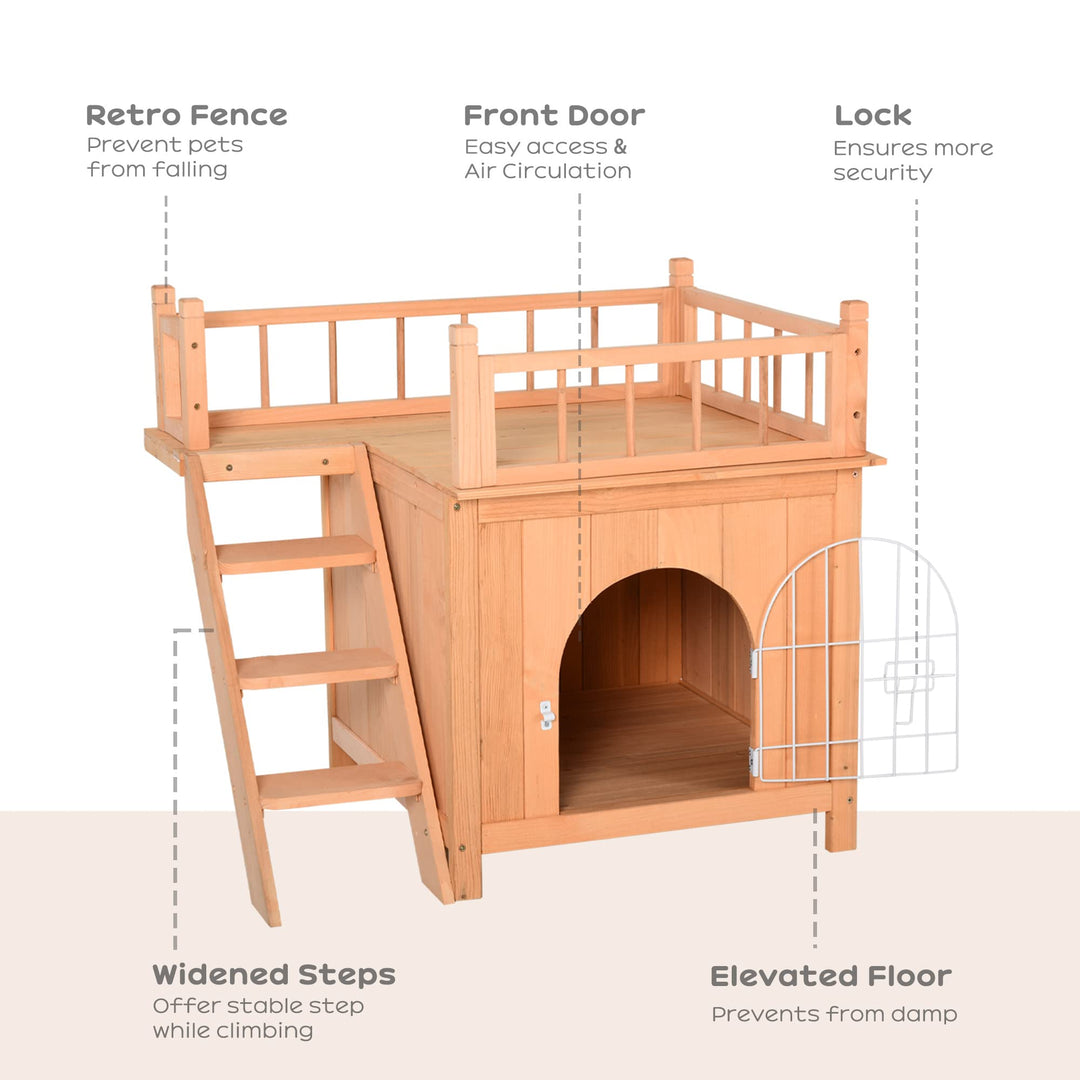 2-Level Elevated Waterproof Outdoor Wooden Treehouse Cat Shelter With Balcony