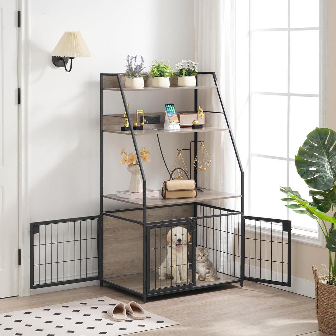Dog Crate Furniture with Storage Shelves, Duty Dog Crate  31.5 Inch Heavy with Power Outlet for Small Medium Dogs Three Doors