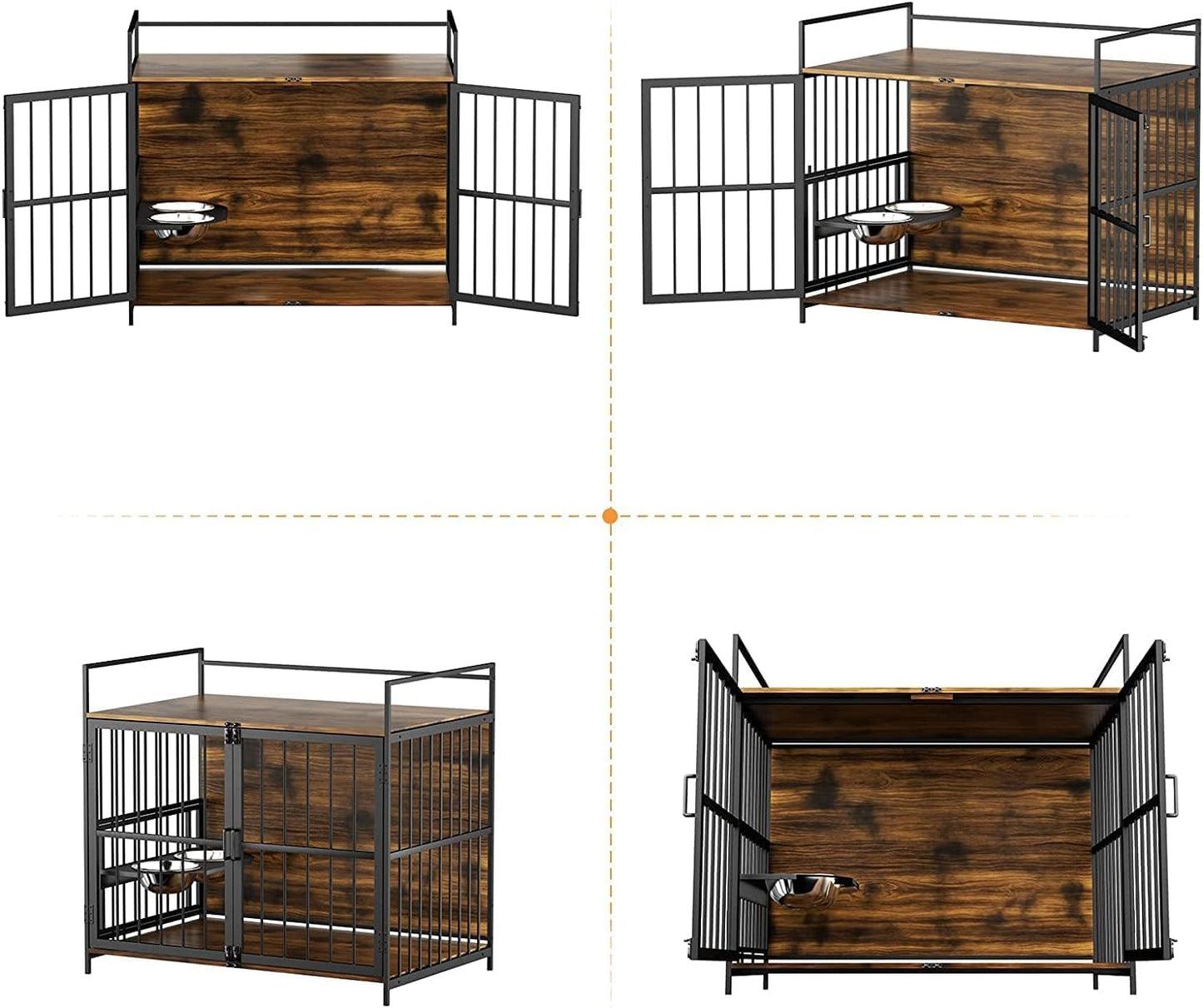 Large Dog Furniture-Style Crate with 360° & Adjustable Raised Feeder, 2 Bowls