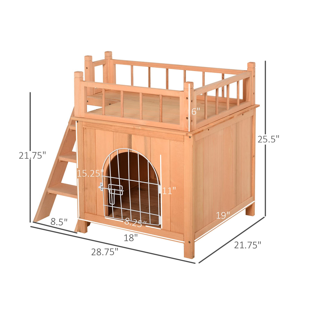 2-Level Elevated Waterproof Outdoor Wooden Treehouse Cat Shelter With Balcony