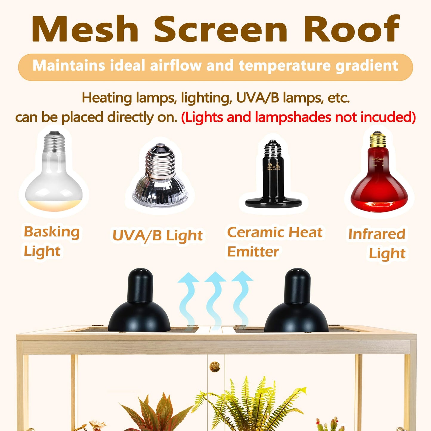 Reptile Terrarium Tank 60 Gallon Metal Mesh Roof Door with Lock- 40"