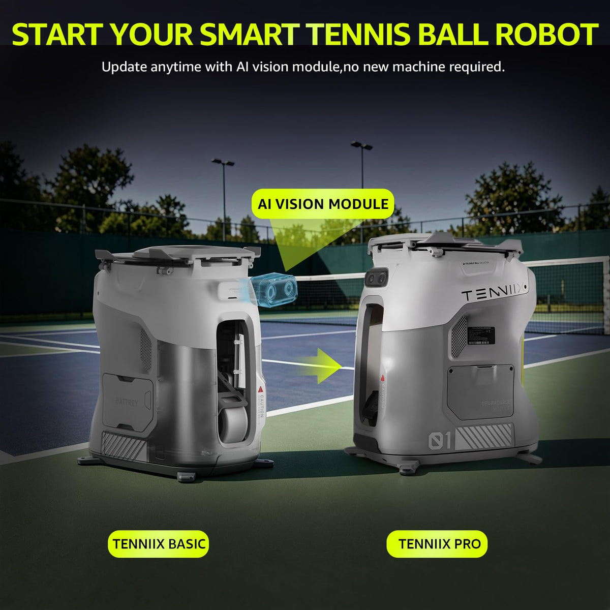 TENNIIX Basic Portable AI Tennis Ball Machine & Robot – Voice & App Controlled, 18.7 lbs, Gray