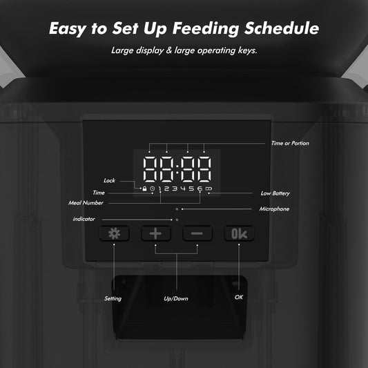 Cat Food Dispenser - Automatic, 6 meals/day, large capacity, and LCD screen for precise feeding control.