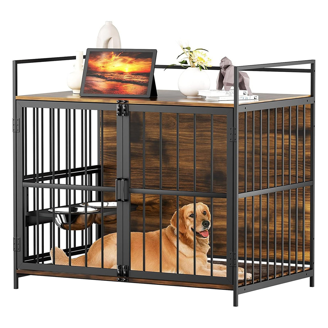Large Dog Furniture Style Crate with 360° & Adjustable Raised Feeder for Dogs 2 Stainless Steel Bowls -End Table House Pad, Indoor Use