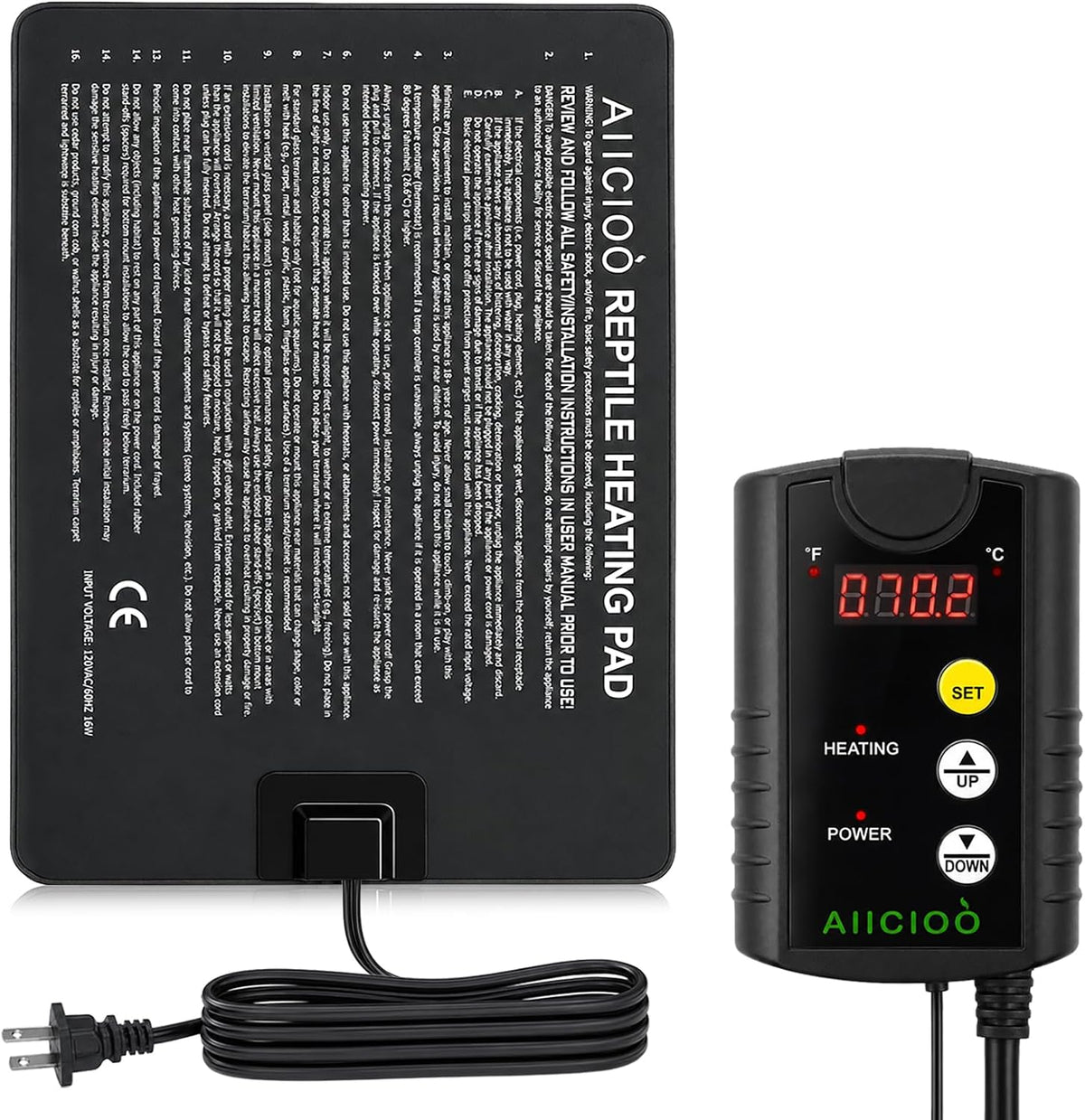 Aiicioo Heat Mat & Thermostat Combo (16W, 8"×12") — Safe Belly Heat, Already Controlled