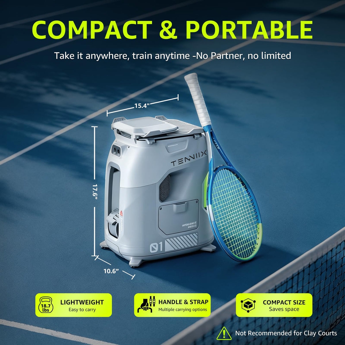 TENNIIX Basic Portable AI Tennis Ball Machine & Robot – Voice & App Controlled, 18.7 lbs, Gray