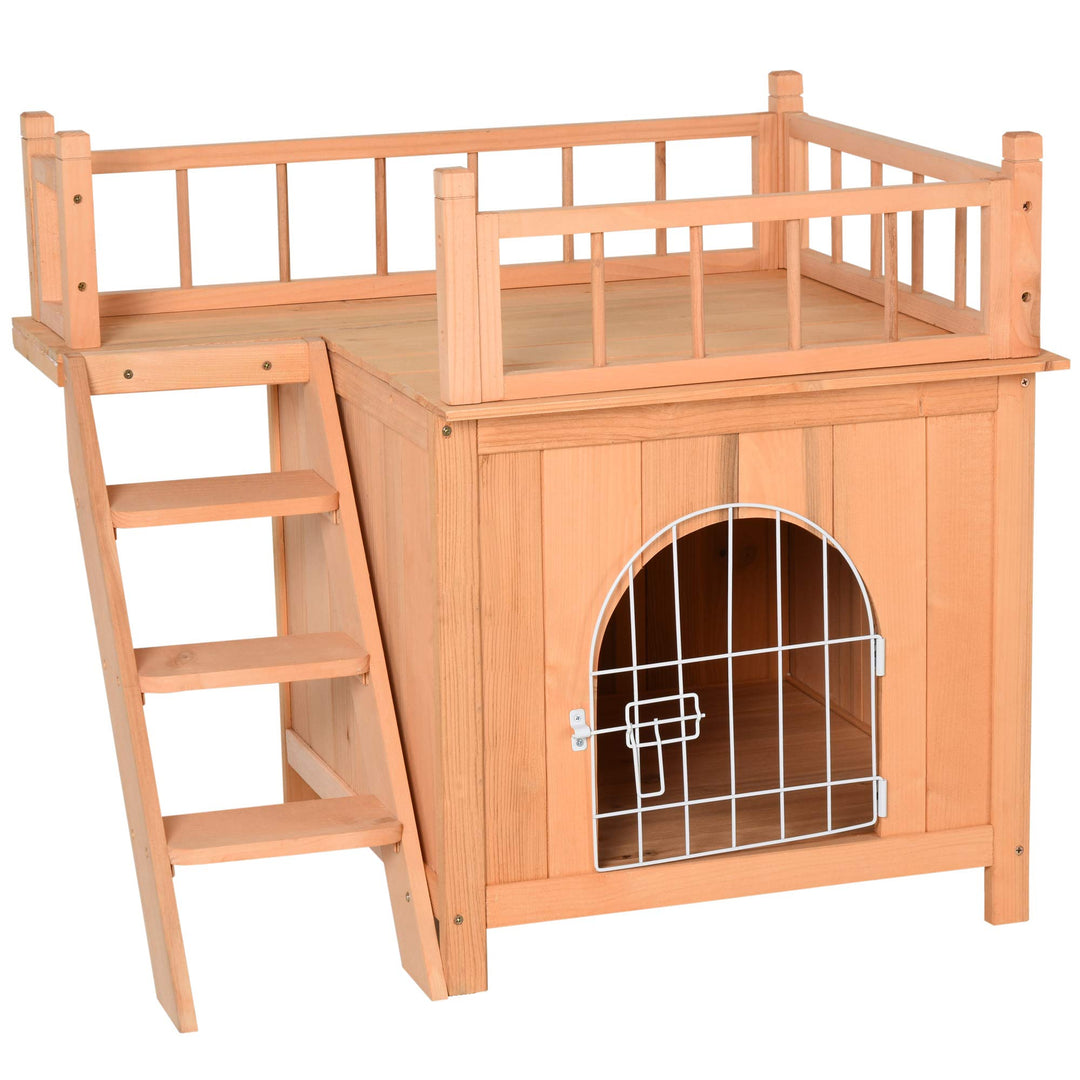 2-Level Elevated Waterproof Outdoor Wooden Treehouse Cat Shelter With Balcony