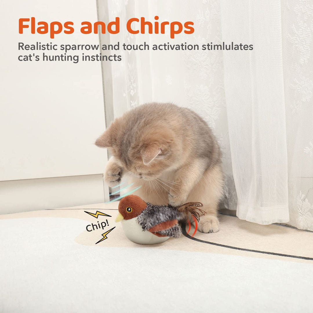 Cat Toys Rechargeable Flapping Bird Sparrow, Lifelike Chirp Tweet, Touch Activated Exercise for All Breeds w/ Catnip