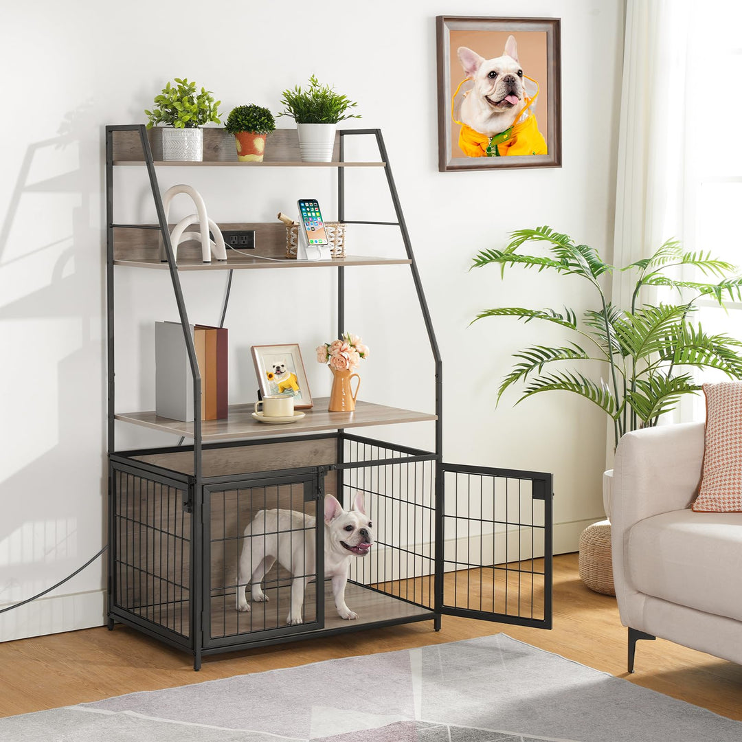 Dog Crate Furniture with Storage Shelves, Duty Dog Crate  31.5 Inch Heavy with Power Outlet for Small Medium Dogs Three Doors