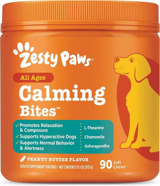Zesty Paws Calming Bites for Dogs (Peanut Butter, 90 Ct) — Calm for Storms, Fireworks & Alone Time