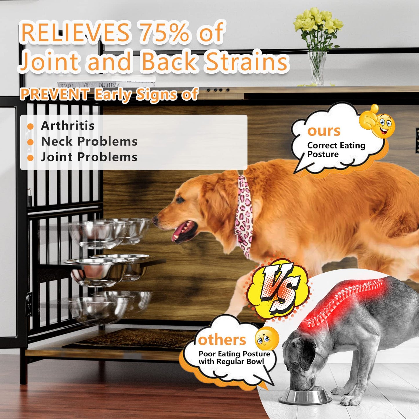 Large Dog Furniture-Style Crate with 360° & Adjustable Raised Feeder, 2 Bowls