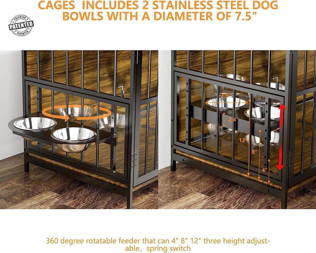 Large Dog Furniture Style Crate with 360° & Adjustable Raised Feeder for Dogs 2 Stainless Steel Bowls -End Table House Pad, Indoor Use