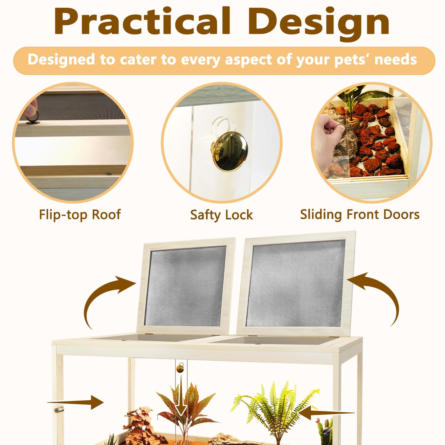 Reptile Terrarium Tank 60 Gallon Metal Mesh Roof Door with Lock- 40"