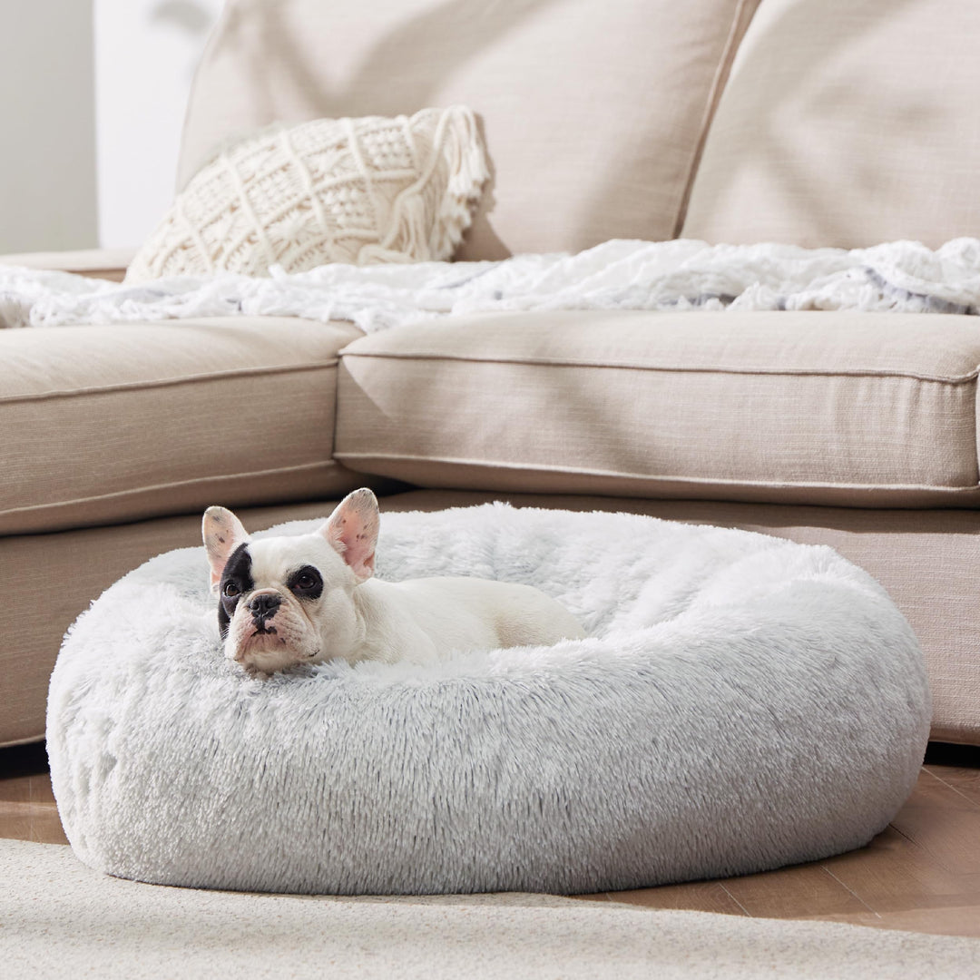 Calming Dog Bed for Medium Dogs - Donut Washable Medium Pet Bed, 30 inches Anti-Slip Round Fluffy Plush Faux Fur Cat Bed, Fits up to 45 lbs Pets, Frost Grey