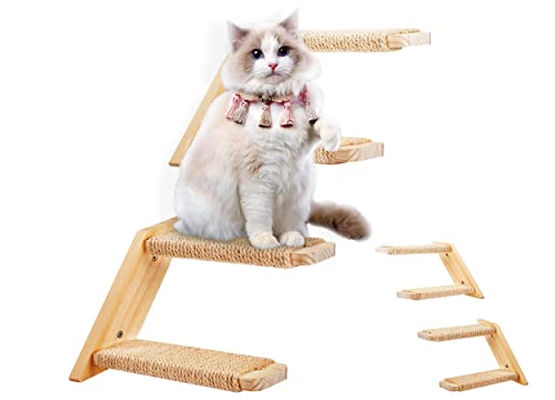 Cat Climbing Stair Shelf Wall Mounted Reversible Left & Right Direction, Cat Stairway Shelf for Climbing with Sisal Rope Ladder Cat Wall Furniture