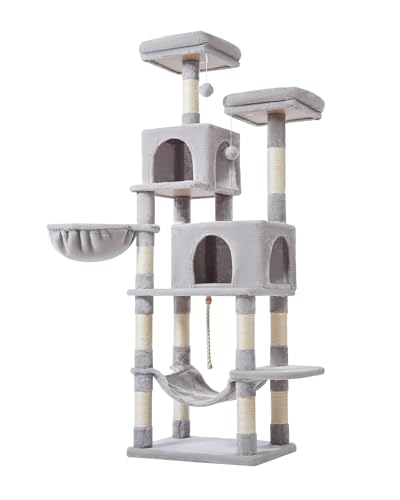 Cat Tree, 66.2-Inch Cat Tower for Indoor Cats, Plush Multi-Level Cat Condo with 12 Scratching Posts, 2 Perches, 2 Caves, Hammock, 2 Pompoms, Light Gray