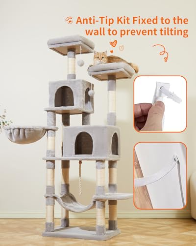 Cat Tree, 66.2-Inch Cat Tower for Indoor Cats, Plush Multi-Level Cat Condo with 12 Scratching Posts, 2 Perches, 2 Caves, Hammock, 2 Pompoms, Light Gray