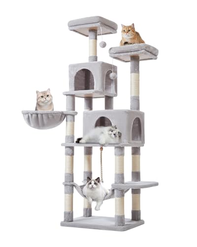 66.2" Multi-Level Cat Tree – Plush Tower with 12 Scratching Posts, 2 Perches, 2 Caves, Hammock & 2 Pompoms – Cozy Indoor Cat Condo in Light Gray! 🐾