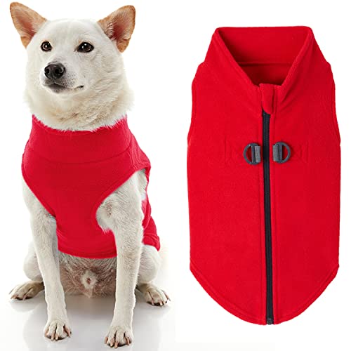Red Zip-Up Fleece Dog Sweater with Leash Rings - Medium Size