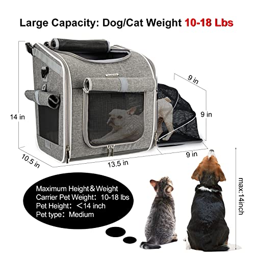BABEYER Dog Bike Basket, Expandable Soft-Sided Pet Carrier Backpack with 4 Open Doors, 4 Mesh Windows for Small Dog Cat Puppies - Grey