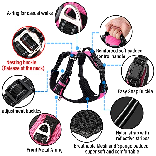 Plutus Pet No Pull Dog Harness, Release at Neck, Adjustable Reflective No-Choke Dog Vest Harness, Soft Padded with Easy Control Handle, for Small Medium Large Dogs (M, Pink)