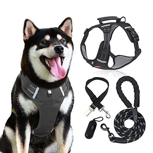 TFTSR No Pull Dog Harness Leash Set for Small Medium Large Dogs,Include Reflective Oxford Adjustable Vest,5ft Reflective Leash Which Handle Soft, Doggy Seatbelt,Poop Bag Dispenser with 15 Waste Bags