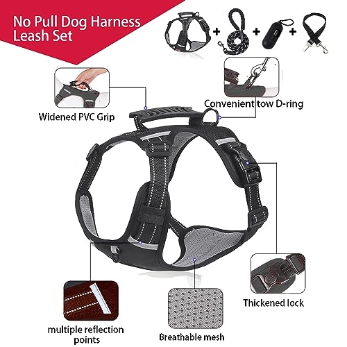 TFTSR No Pull Dog Harness Leash Set for Small Medium Large Dogs,Include Reflective Oxford Adjustable Vest,5ft Reflective Leash Which Handle Soft, Doggy Seatbelt,Poop Bag Dispenser with 15 Waste Bags