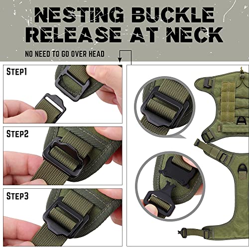 Plutus Pet Tactical Dog Harness, All Metal Buckles, No Pull Service Dog Vest with Handle, Adjustable Military Dog Harness with Hook & Loop Panels, for Small Medium Large Dogs, Ranger Green, S