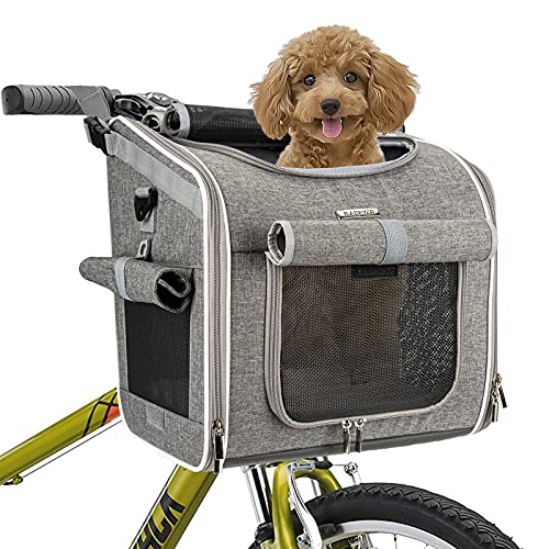 BABEYER Dog Bike Basket - Expandable Soft-Sided Pet Carrier with 4 Mesh Windows for Small Pets, Grey.