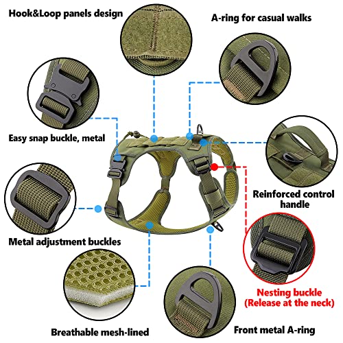 Plutus Pet Tactical Dog Harness, All Metal Buckles, No Pull Service Dog Vest with Handle, Adjustable Military Dog Harness with Hook & Loop Panels, for Small Medium Large Dogs, Ranger Green, S